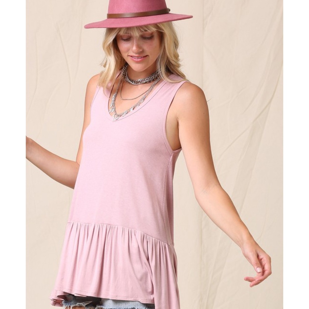Rose Pink Spring Top Ruffle Rib Knit Layering Tank Top Summer Tops - Picture 2 of 9